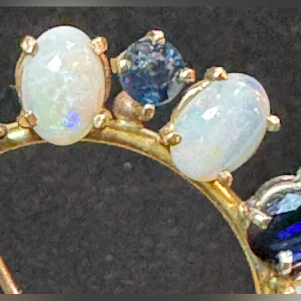 Vtg 14K? Yellow Gold Opal & Sapphire Circle Brooch Screw Lock Pin Mid-Century 8g - Picture 12 of 16